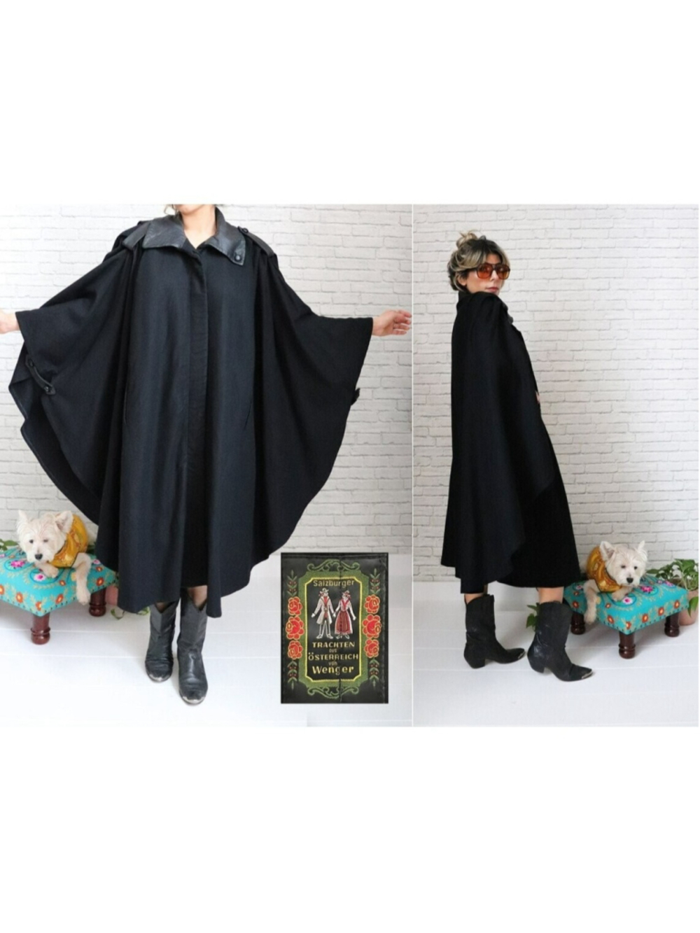 1970's WENGER Cape | Open Size Fit | Black Pure Wool Designer Cape Coat Austria